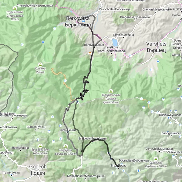 Map miniature of "Berkovitsa to Gola Glava Route" cycling inspiration in Severozapaden, Bulgaria. Generated by Tarmacs.app cycling route planner