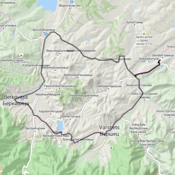 Map miniature of "Berkovitsa to Parlichevo Loop" cycling inspiration in Severozapaden, Bulgaria. Generated by Tarmacs.app cycling route planner