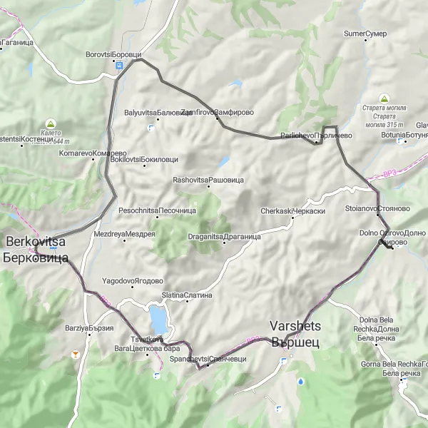 Map miniature of "Berkovitsa to Zamfirovo Circuit" cycling inspiration in Severozapaden, Bulgaria. Generated by Tarmacs.app cycling route planner