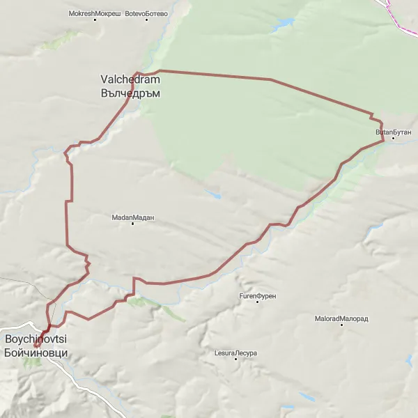 Map miniature of "Valchedram Gravel Adventure" cycling inspiration in Severozapaden, Bulgaria. Generated by Tarmacs.app cycling route planner