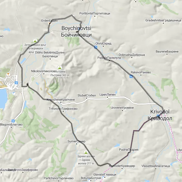 Map miniature of "Krivodol - Krapchene Circuit" cycling inspiration in Severozapaden, Bulgaria. Generated by Tarmacs.app cycling route planner