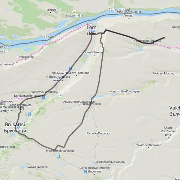 Map miniature of "Lom River Loop" cycling inspiration in Severozapaden, Bulgaria. Generated by Tarmacs.app cycling route planner