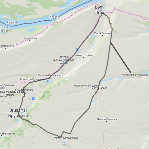 Map miniature of "Lom Adventure Loop (Road)" cycling inspiration in Severozapaden, Bulgaria. Generated by Tarmacs.app cycling route planner