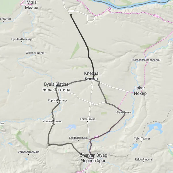 Map miniature of "Knezha Challenge" cycling inspiration in Severozapaden, Bulgaria. Generated by Tarmacs.app cycling route planner