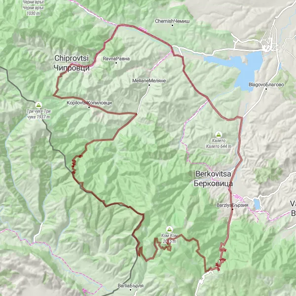 Map miniature of "Chiprovtsi Gravel Epic" cycling inspiration in Severozapaden, Bulgaria. Generated by Tarmacs.app cycling route planner