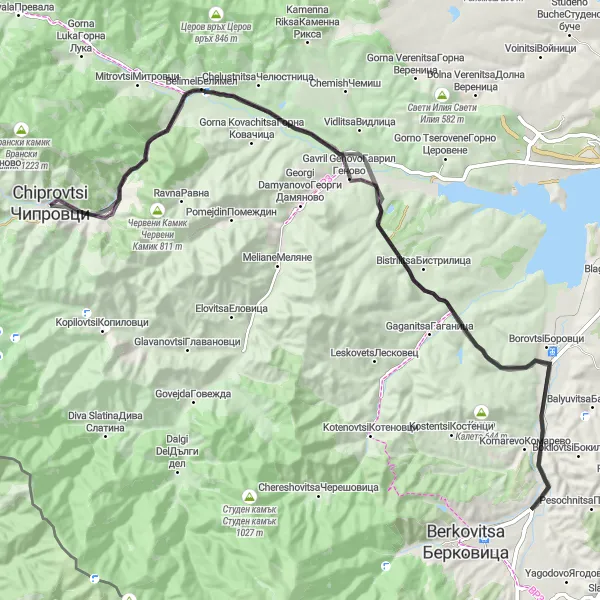 Map miniature of "Chiprovtsi Scenic Road Adventure" cycling inspiration in Severozapaden, Bulgaria. Generated by Tarmacs.app cycling route planner