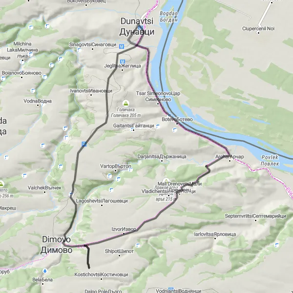 Map miniature of "Momin Peak and Lilov Peak Loop" cycling inspiration in Severozapaden, Bulgaria. Generated by Tarmacs.app cycling route planner