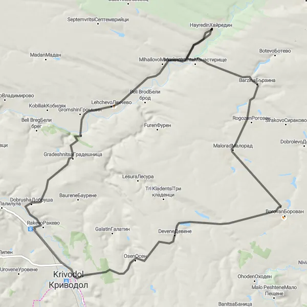 Map miniature of "Road cycling route through Rogozen, Borovan, Krivodol, Gromshin, and Hayredin" cycling inspiration in Severozapaden, Bulgaria. Generated by Tarmacs.app cycling route planner