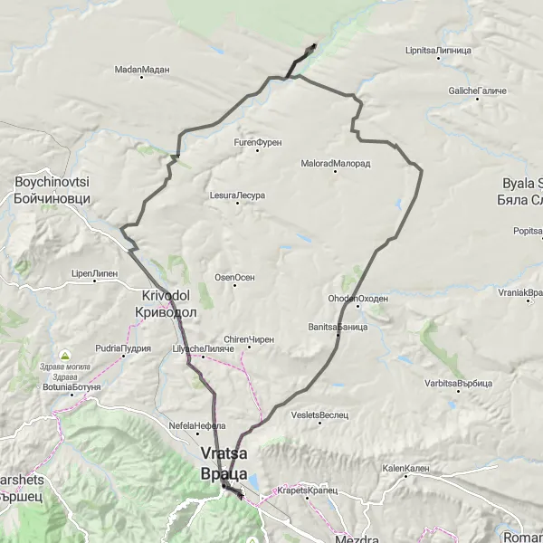 Map miniature of "Road cycling route through Banitsa, TT140;Четвърти камък, Krivodol, and Hayredin" cycling inspiration in Severozapaden, Bulgaria. Generated by Tarmacs.app cycling route planner