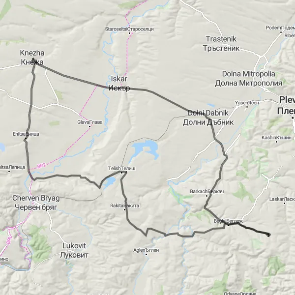 Map miniature of "Dolni Dabnik to Telish Expedition" cycling inspiration in Severozapaden, Bulgaria. Generated by Tarmacs.app cycling route planner