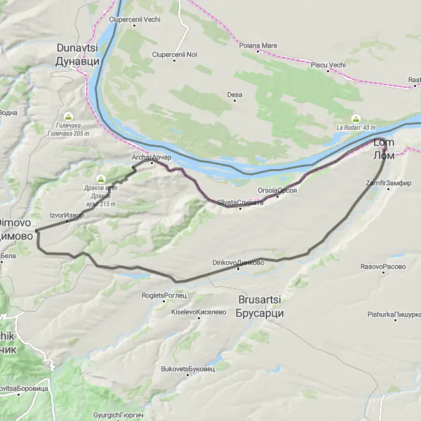 Map miniature of "Lom and Orsoia Road Cycling Route" cycling inspiration in Severozapaden, Bulgaria. Generated by Tarmacs.app cycling route planner