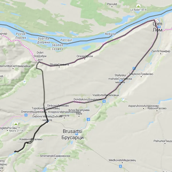 Map miniature of "Lom - Арнаутски връх - Dabova Mahala - Orsoia" cycling inspiration in Severozapaden, Bulgaria. Generated by Tarmacs.app cycling route planner
