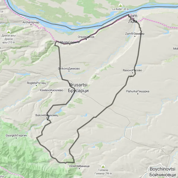 Map miniature of "Lom - Rasovo - Slivovik - Гламата" cycling inspiration in Severozapaden, Bulgaria. Generated by Tarmacs.app cycling route planner