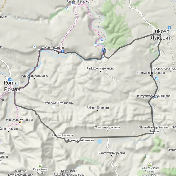Map miniature of "Zlatna Panega Loop" cycling inspiration in Severozapaden, Bulgaria. Generated by Tarmacs.app cycling route planner