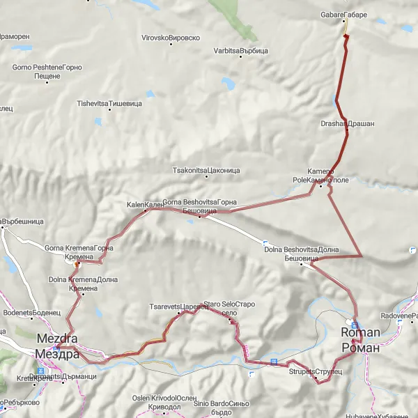 Map miniature of "Gravel Adventure near Mezdra" cycling inspiration in Severozapaden, Bulgaria. Generated by Tarmacs.app cycling route planner