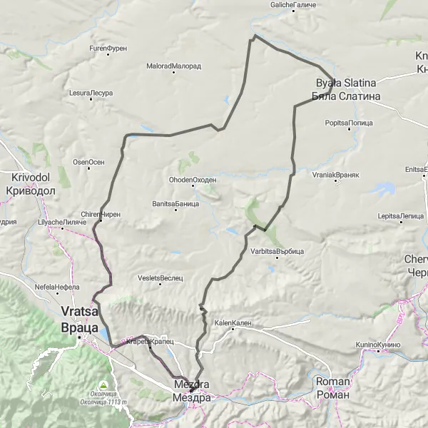 Map miniature of "Mountain Kerkozhab Route" cycling inspiration in Severozapaden, Bulgaria. Generated by Tarmacs.app cycling route planner