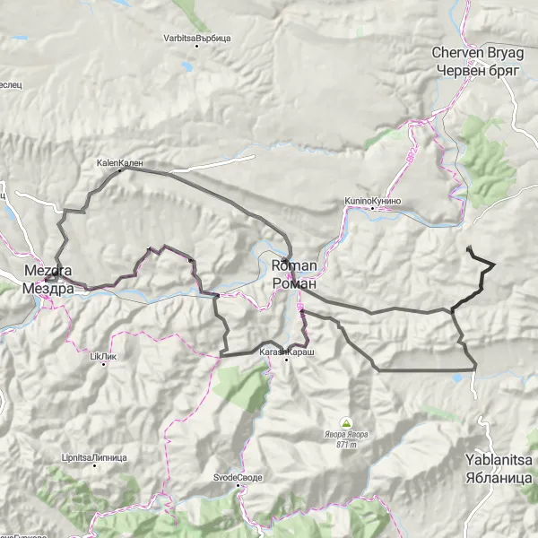 Map miniature of "Mezdra Delights" cycling inspiration in Severozapaden, Bulgaria. Generated by Tarmacs.app cycling route planner