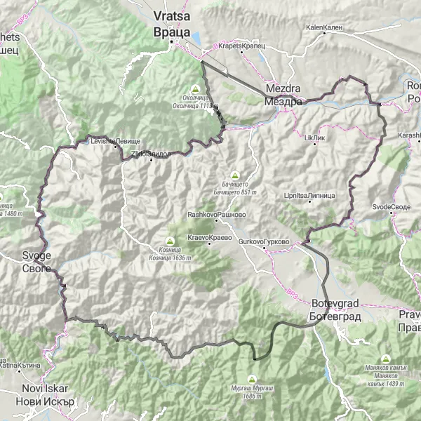 Map miniature of "Mezdra Epic Road Ride" cycling inspiration in Severozapaden, Bulgaria. Generated by Tarmacs.app cycling route planner