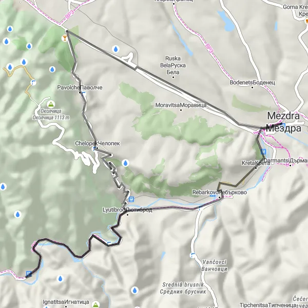 Map miniature of "Scenic Countryside Ride" cycling inspiration in Severozapaden, Bulgaria. Generated by Tarmacs.app cycling route planner