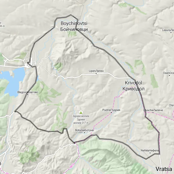 Map miniature of "Montana Loop" cycling inspiration in Severozapaden, Bulgaria. Generated by Tarmacs.app cycling route planner