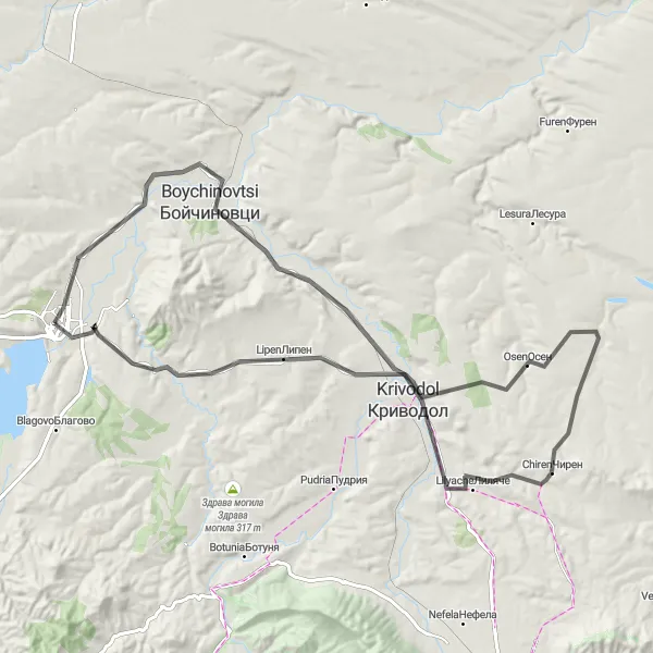 Map miniature of "Chiren Exploration" cycling inspiration in Severozapaden, Bulgaria. Generated by Tarmacs.app cycling route planner