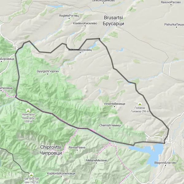 Map miniature of "Montana-Belimel-Chukata-Prevala-Studeno Buche Loop" cycling inspiration in Severozapaden, Bulgaria. Generated by Tarmacs.app cycling route planner