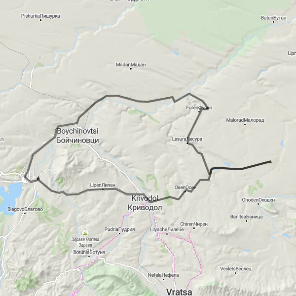 Map miniature of "Marchevo Challenge" cycling inspiration in Severozapaden, Bulgaria. Generated by Tarmacs.app cycling route planner