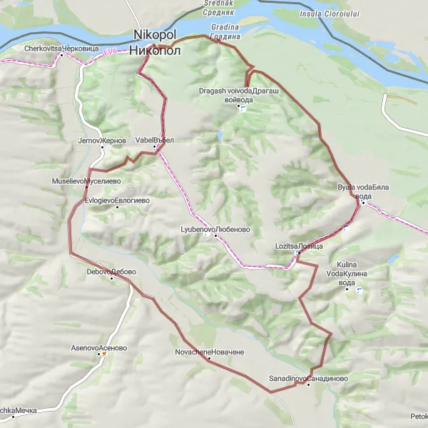 Map miniature of "Lozitsa - Novachene - Muselievo - Никополска крепост" cycling inspiration in Severozapaden, Bulgaria. Generated by Tarmacs.app cycling route planner