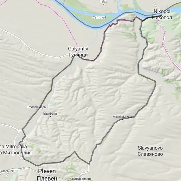 Map miniature of "Jernov - Mechka - Bukovlak - Komarevo - Somovit - Никополска крепост" cycling inspiration in Severozapaden, Bulgaria. Generated by Tarmacs.app cycling route planner