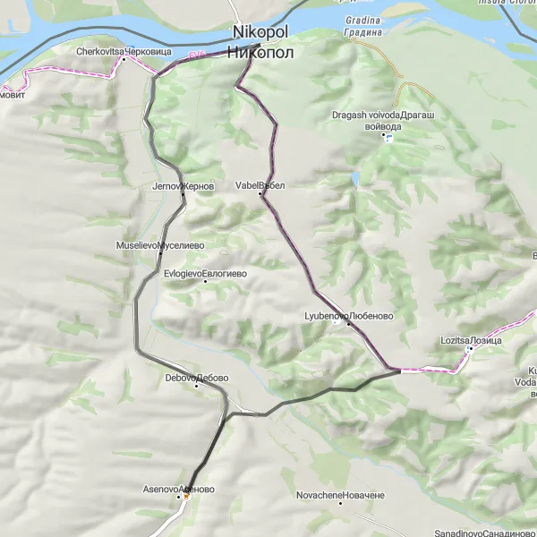 Map miniature of "Lyubenovo - Debovo - Jernov - Никополска крепост" cycling inspiration in Severozapaden, Bulgaria. Generated by Tarmacs.app cycling route planner