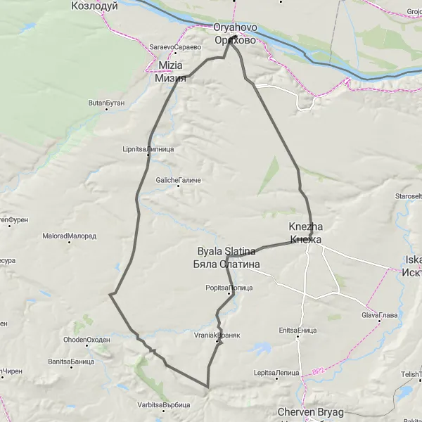 Map miniature of "Oryahovo to Gabare" cycling inspiration in Severozapaden, Bulgaria. Generated by Tarmacs.app cycling route planner