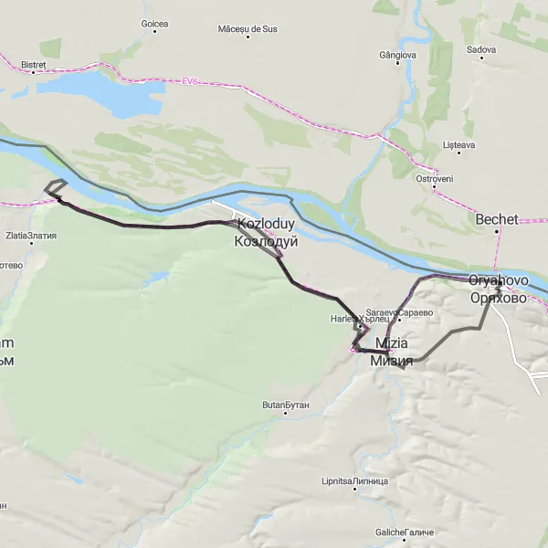 Map miniature of "Oryahovo to Kozloduy" cycling inspiration in Severozapaden, Bulgaria. Generated by Tarmacs.app cycling route planner