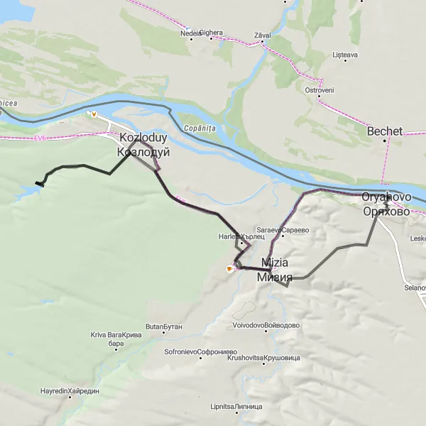 Map miniature of "Oryahovo - Glojene - Kozloduy Loop" cycling inspiration in Severozapaden, Bulgaria. Generated by Tarmacs.app cycling route planner