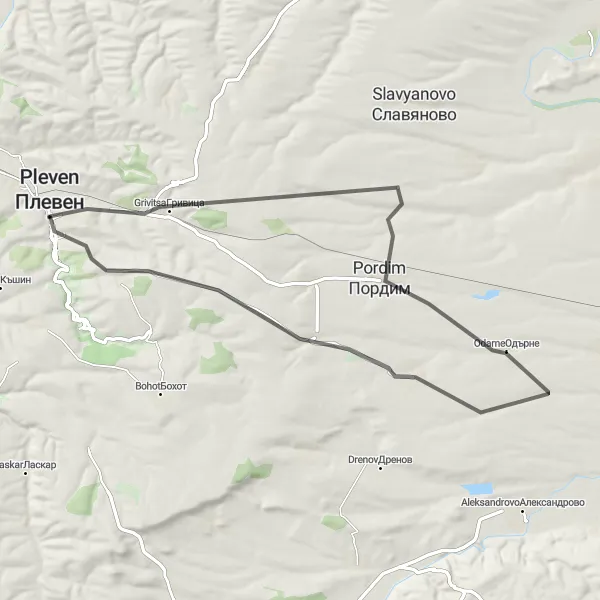 Map miniature of "Pleven to Radishevo and back" cycling inspiration in Severozapaden, Bulgaria. Generated by Tarmacs.app cycling route planner