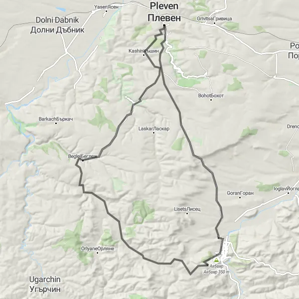 Map miniature of "Pleven to Raduvene and back" cycling inspiration in Severozapaden, Bulgaria. Generated by Tarmacs.app cycling route planner