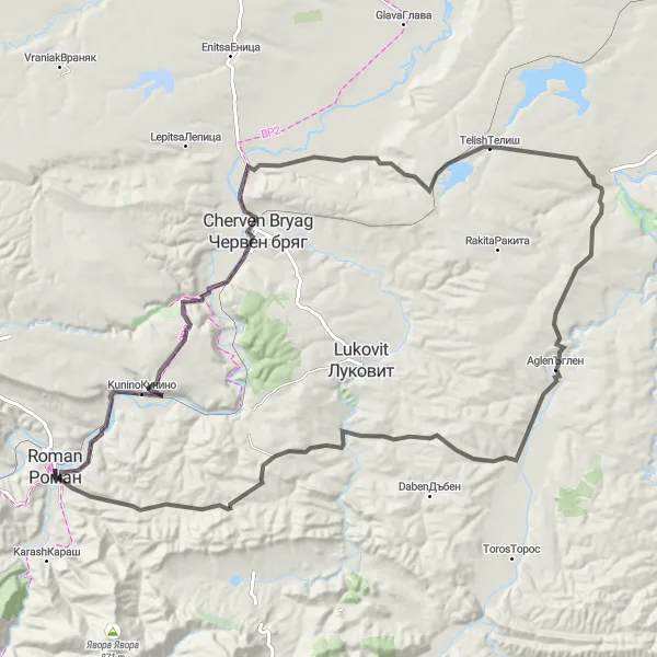 Map miniature of "Scenic Escape from Roman" cycling inspiration in Severozapaden, Bulgaria. Generated by Tarmacs.app cycling route planner