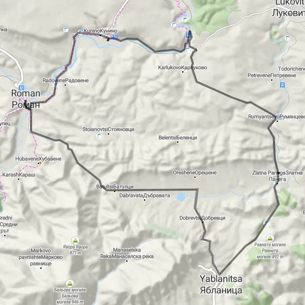 Map miniature of "Roman to Kunino Loop" cycling inspiration in Severozapaden, Bulgaria. Generated by Tarmacs.app cycling route planner