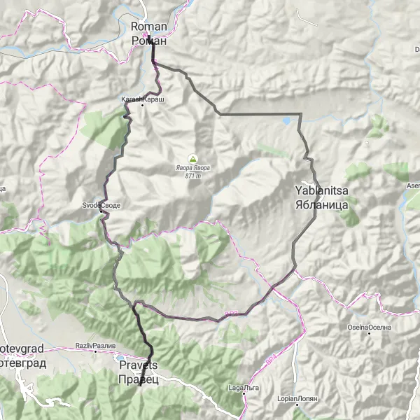 Map miniature of "Roman to Tomchovski Chukar Loop" cycling inspiration in Severozapaden, Bulgaria. Generated by Tarmacs.app cycling route planner