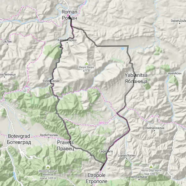 Map miniature of "Eastern Adventure from Roman" cycling inspiration in Severozapaden, Bulgaria. Generated by Tarmacs.app cycling route planner