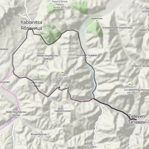 Map miniature of "Teteven - Предела - Белия камък - Yablanitsa - Каматура - Glozhene - Teteven" cycling inspiration in Severozapaden, Bulgaria. Generated by Tarmacs.app cycling route planner