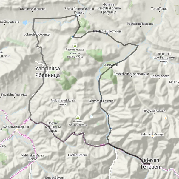 Map miniature of "Breathtaking Road Cycling Tour: Teteven to Yablanitsa" cycling inspiration in Severozapaden, Bulgaria. Generated by Tarmacs.app cycling route planner