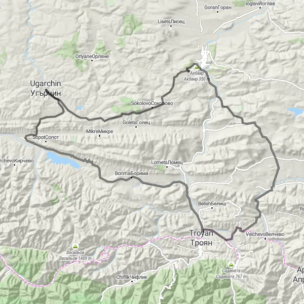 Map miniature of "The Undulating Challenge" cycling inspiration in Severozapaden, Bulgaria. Generated by Tarmacs.app cycling route planner