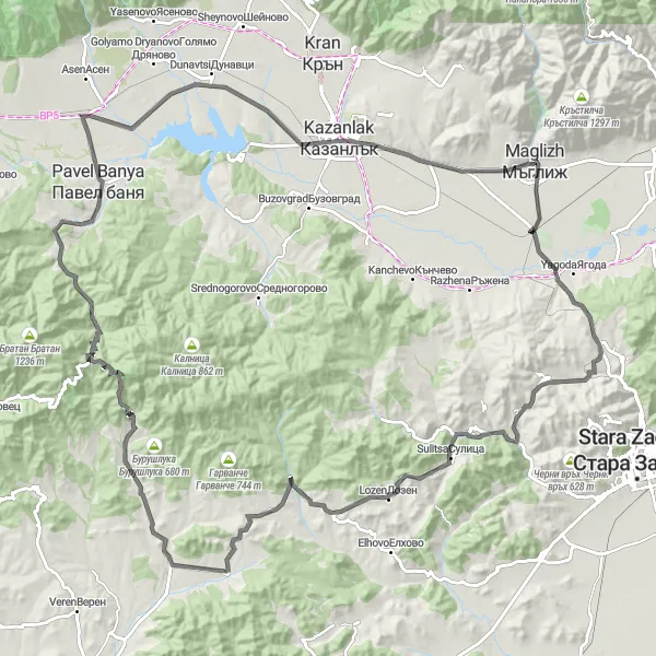 Map miniature of "The Thracian Gems Tour" cycling inspiration in Yugoiztochen, Bulgaria. Generated by Tarmacs.app cycling route planner