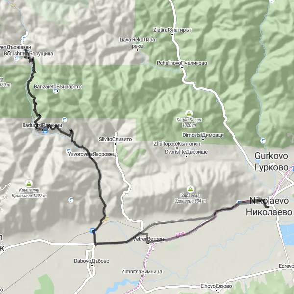 Map miniature of "Nikolaevo Roundabout" cycling inspiration in Yugoiztochen, Bulgaria. Generated by Tarmacs.app cycling route planner