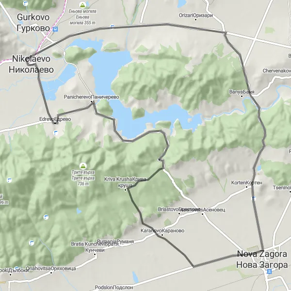 Map miniature of "The Gligaritsa and Orizari Tour" cycling inspiration in Yugoiztochen, Bulgaria. Generated by Tarmacs.app cycling route planner