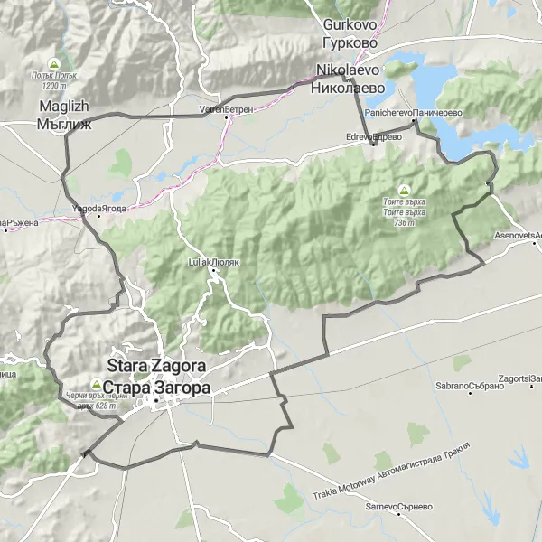 Map miniature of "Nikolaevo to Borilovo Adventure" cycling inspiration in Yugoiztochen, Bulgaria. Generated by Tarmacs.app cycling route planner