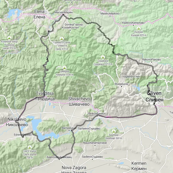 Map miniature of "The Nikolaevo Adventure" cycling inspiration in Yugoiztochen, Bulgaria. Generated by Tarmacs.app cycling route planner