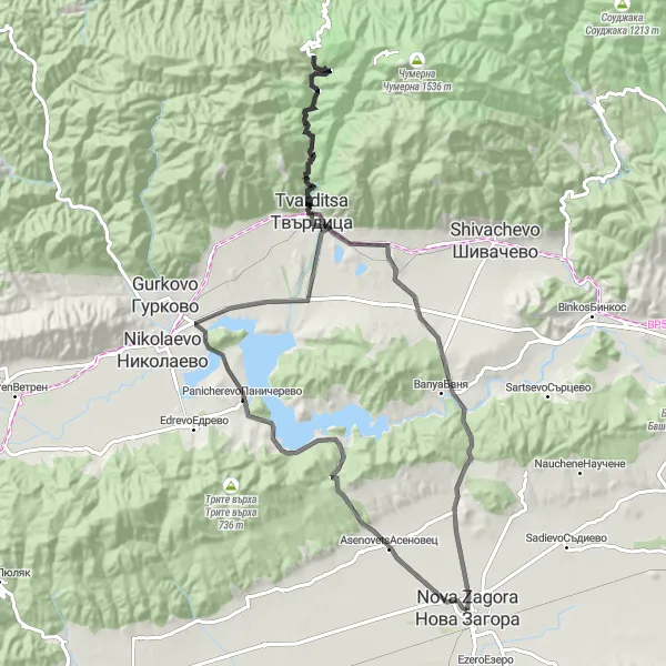 Map miniature of "Nova Zagora - Banya Adventure" cycling inspiration in Yugoiztochen, Bulgaria. Generated by Tarmacs.app cycling route planner