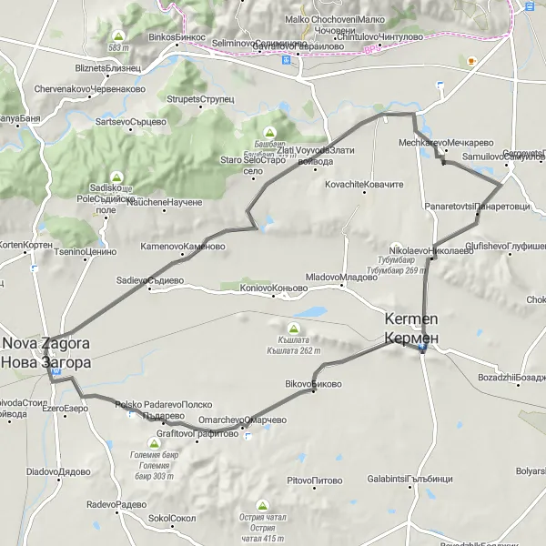 Map miniature of "Nova Zagora - Kermen Loop" cycling inspiration in Yugoiztochen, Bulgaria. Generated by Tarmacs.app cycling route planner