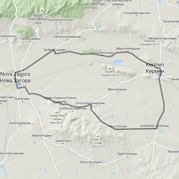 Map miniature of "Nova Zagora - Omarchevo Loop" cycling inspiration in Yugoiztochen, Bulgaria. Generated by Tarmacs.app cycling route planner